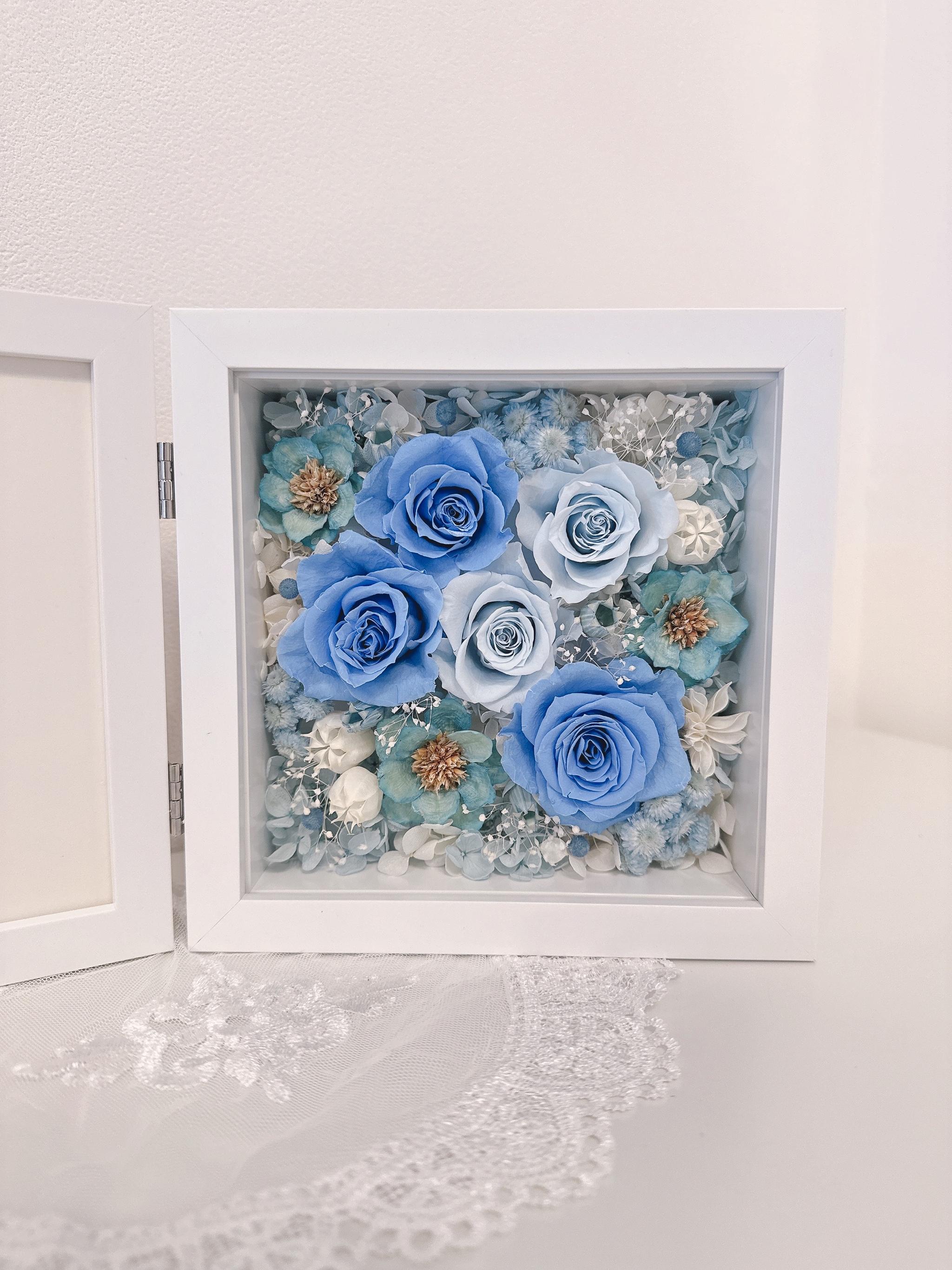 【出産祝い・男の子】フォトフレーム BOXアレンジ 写真立て バラ ブルー 青 結婚祝 誕生祝 記念日 ベビーギフト | 3枚目